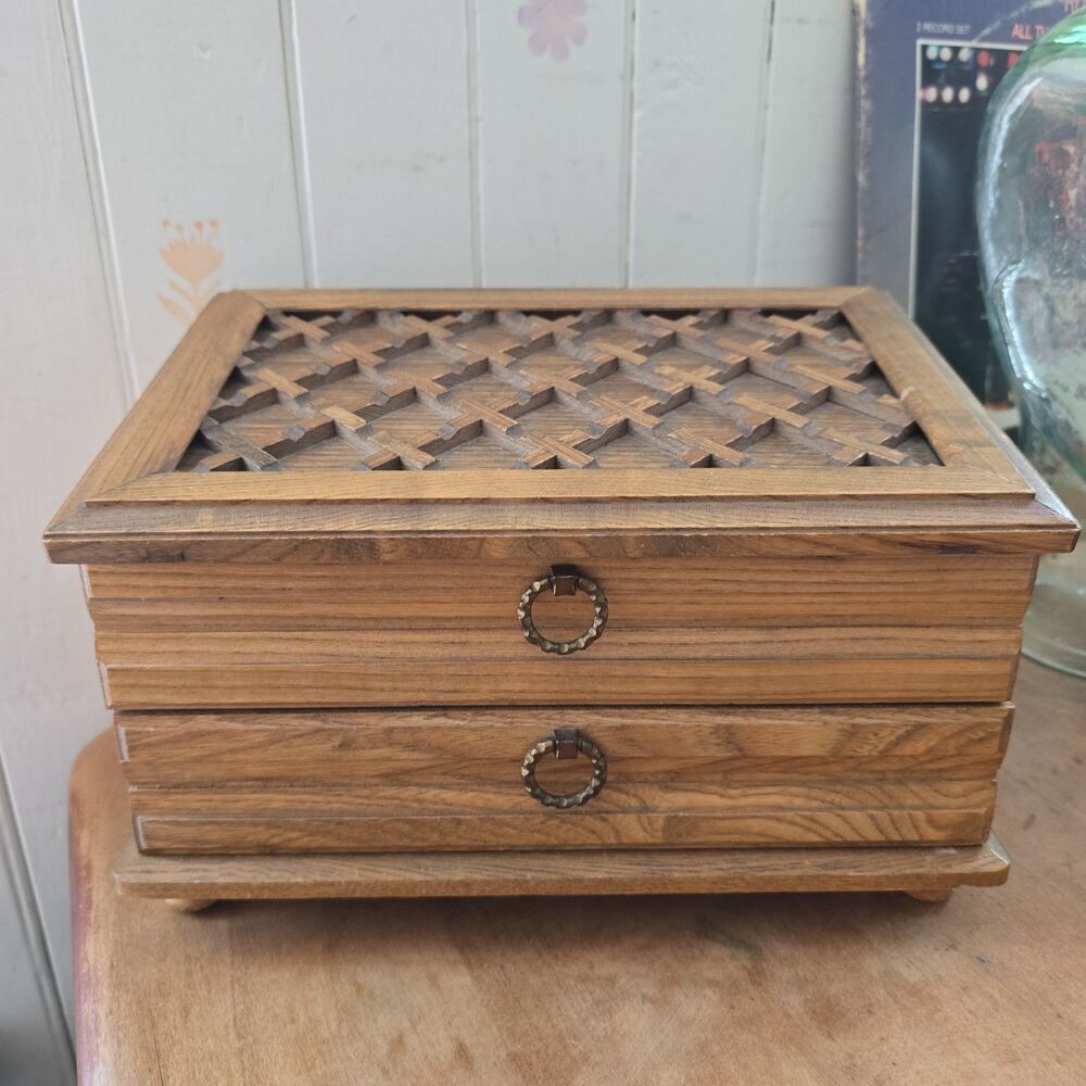Vintage Buxton Jewelry Box Wooden Two Drawer Gold Lining 10.5” X 7” MCM Lattice
